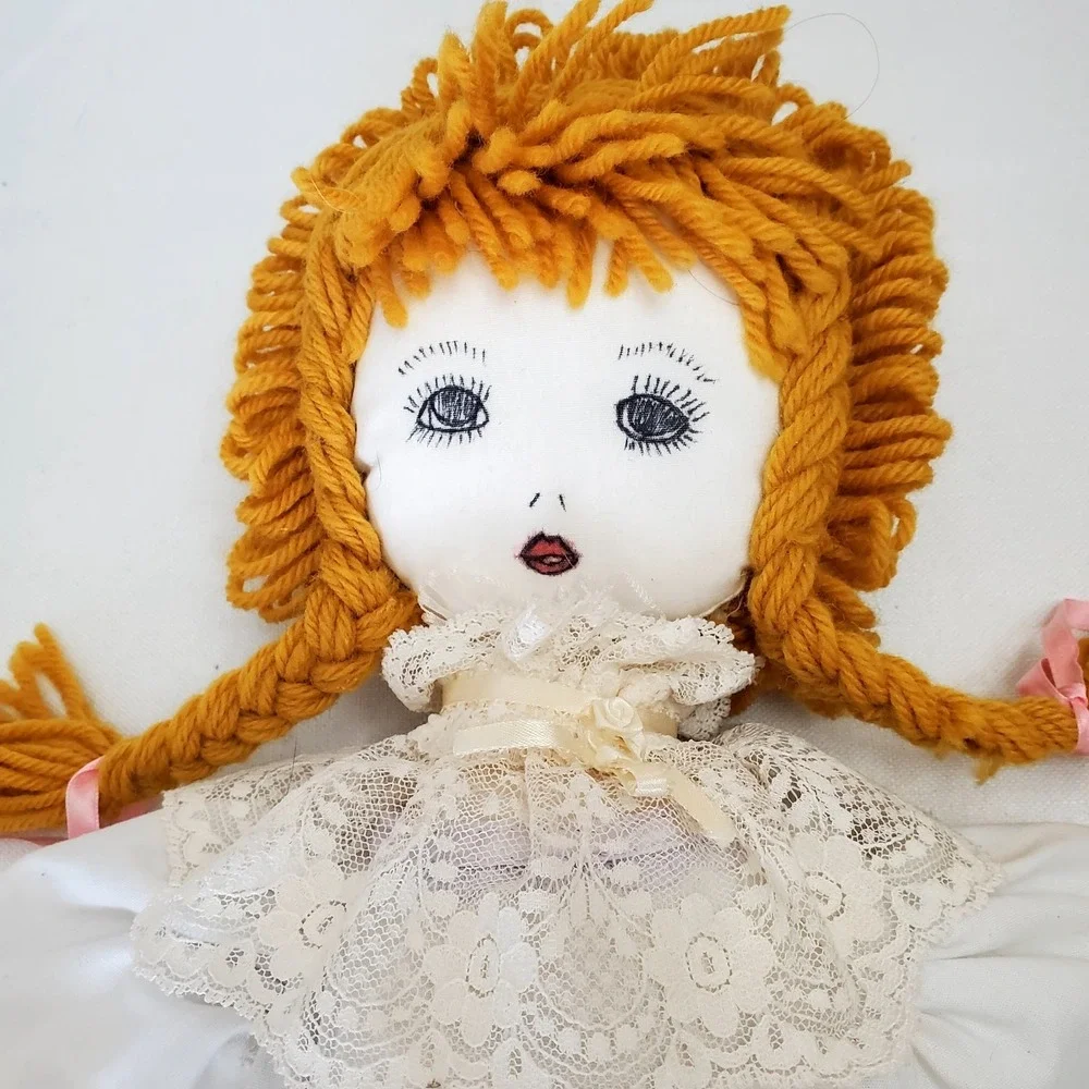 Vintage ♡ Handmade Hand-Crafted Cloth Doll W/Lace Dress‎ ♡ Yarn Hair Braids